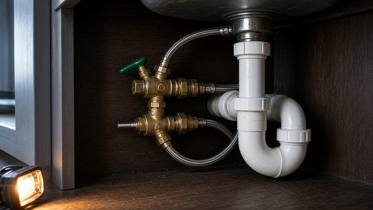 Under-sink brass valves, braided lines, and PVC trap lit by an amber work lamp