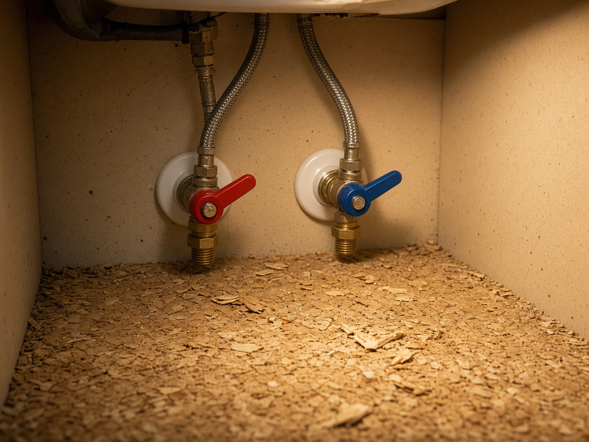 Red and blue shutoff valves with braided supply lines