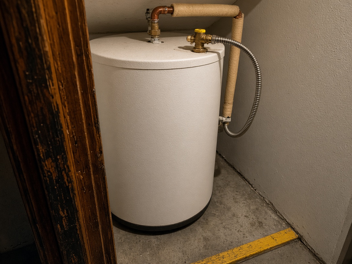 Water heater tank connections in a utility closet